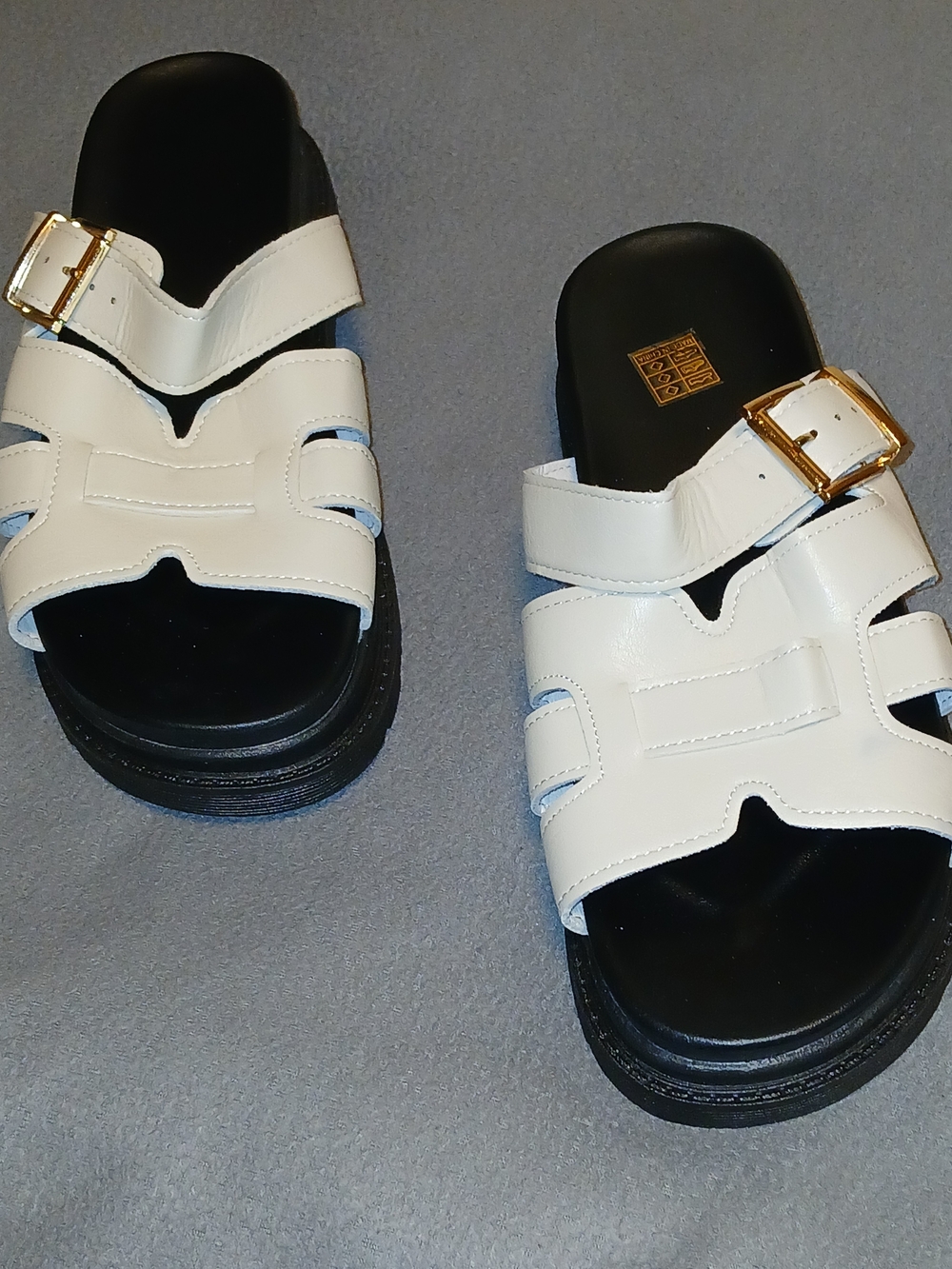 Women’s White Leather Slide Sandals with Gold Buckle
